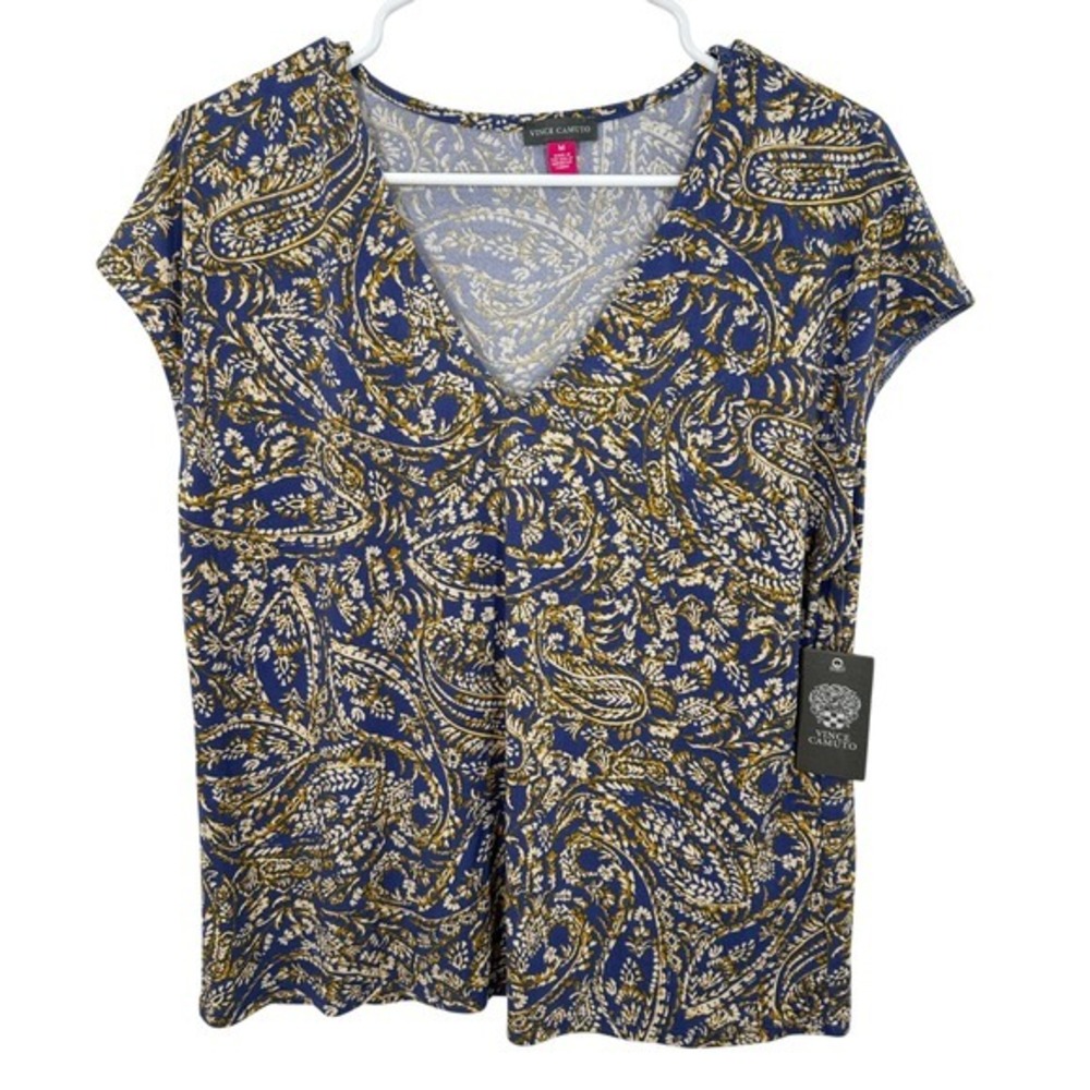 Vince Camuto Women's Blue Tan Paisley Print V Neck Cap Sleeve Top Size M‎ NWT